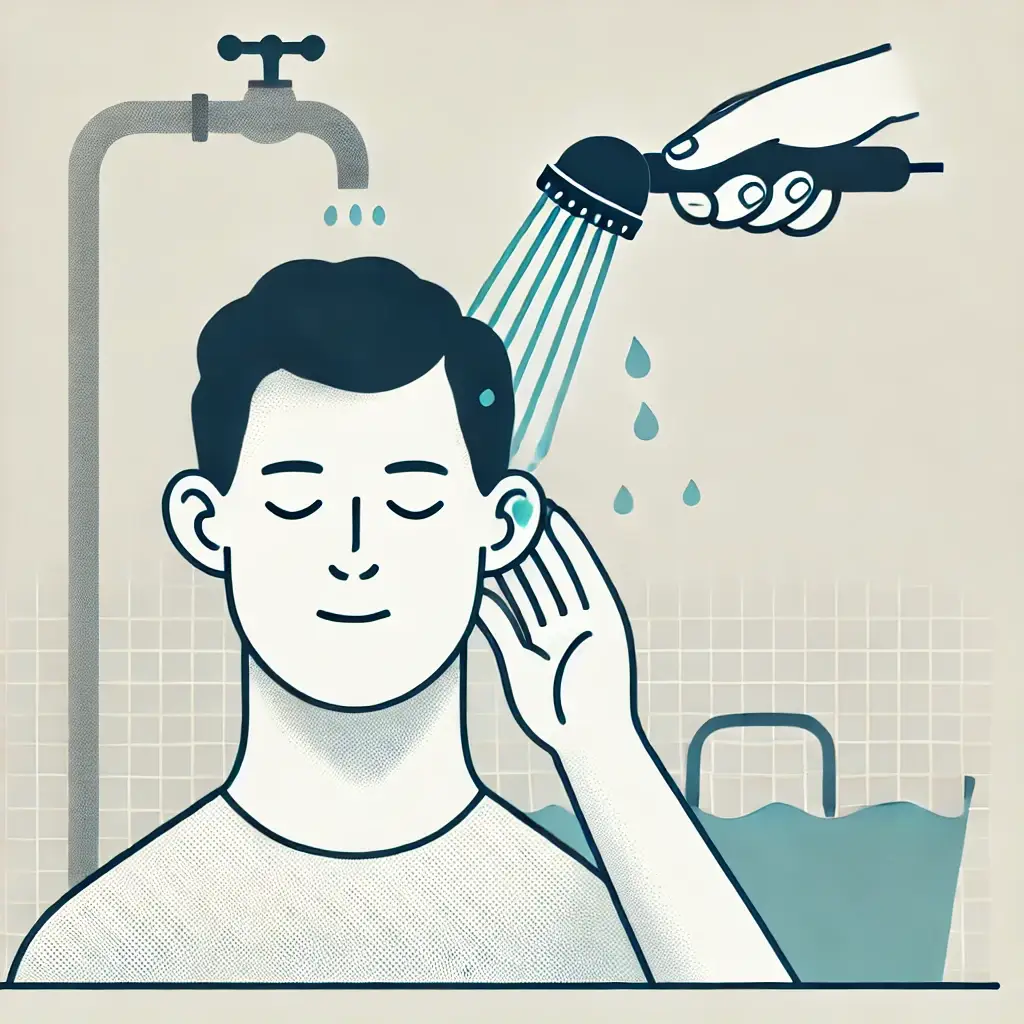 Illustration showing safe ear cleaning with a damp cloth versus unsafe cleaning with a cotton swab.