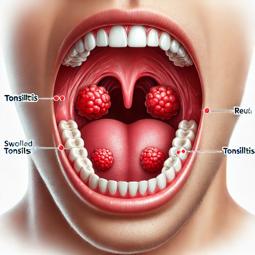 Close-up of inflamed tonsils in the throat with redness and swelling.