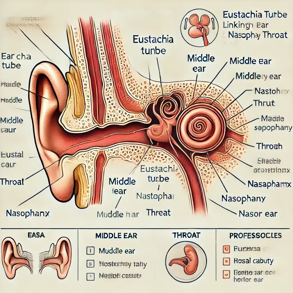 Diagram showing the Eustachian tube linking the middle ear to the throat and nasal cavity.