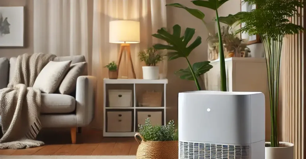 A cozy living room with a modern air purifier in the corner, promoting clean air for better nasal health.
