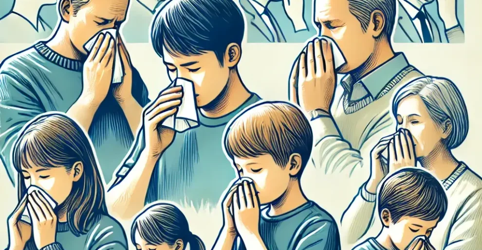 A group of adults and children demonstrating the correct nose-blowing technique with instructions in the background.